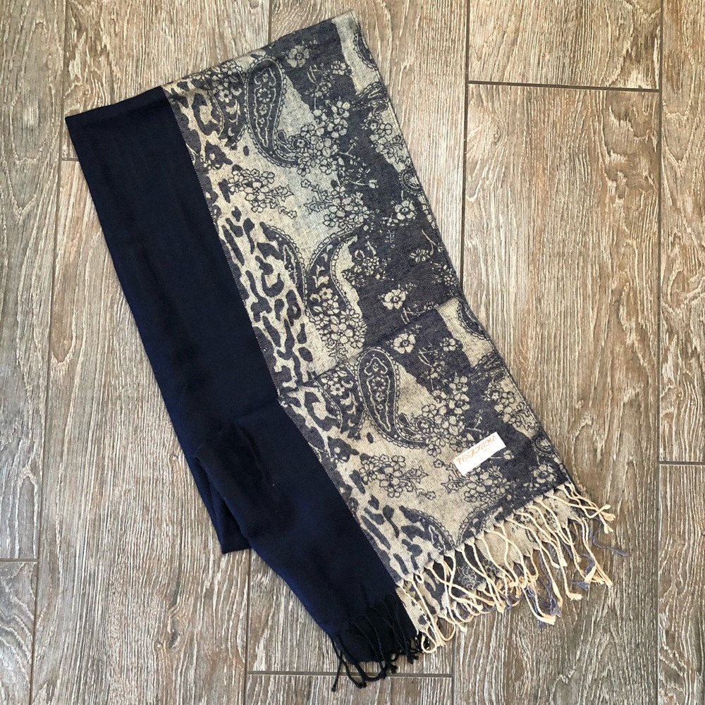Pashmina Navy & Tan Scarf w/Animal Print & Paisley